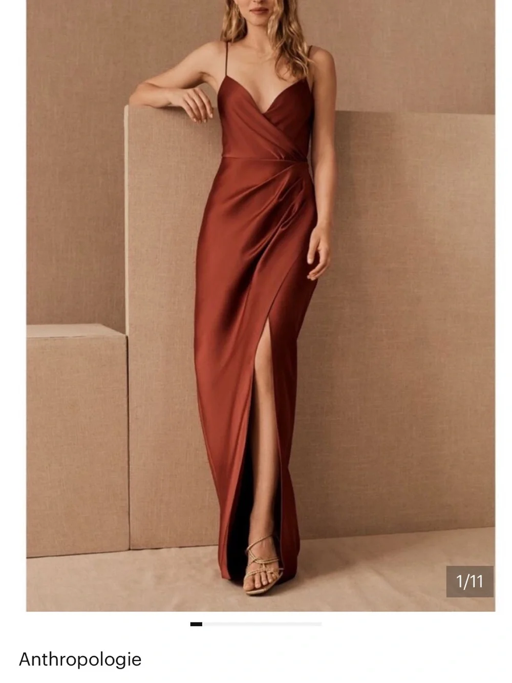 BHLDN Rust Satin Slip Gown with Side Slit - Picture 3 of 6